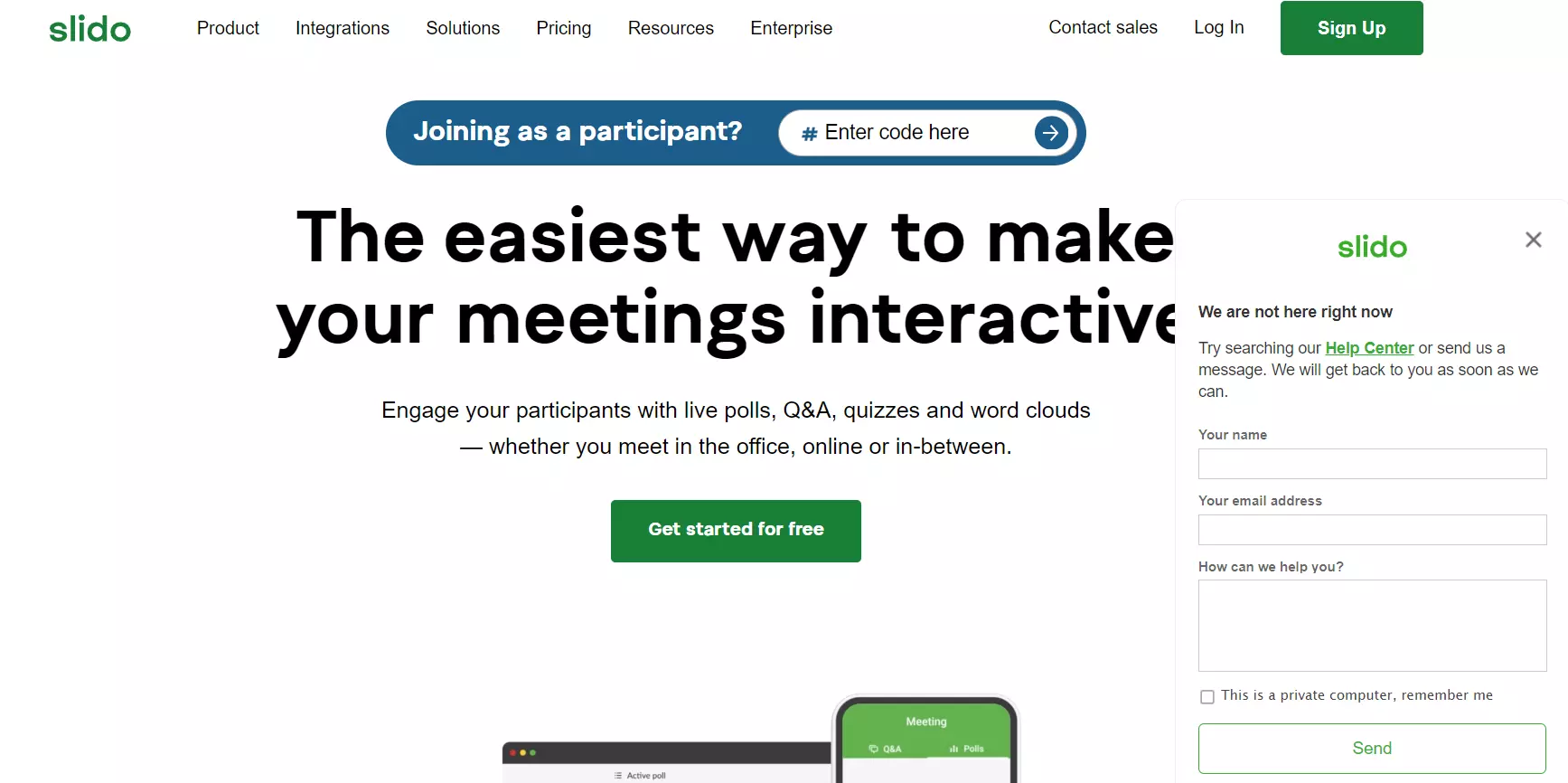 Page d'accueil de Slido avec leur chatbox