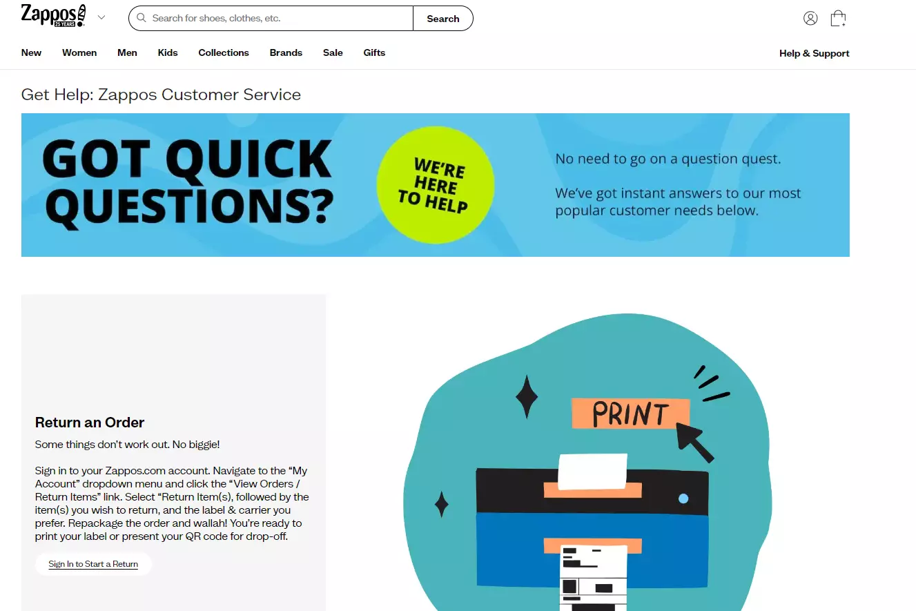 Page de support de Zappos affichant ses options de support