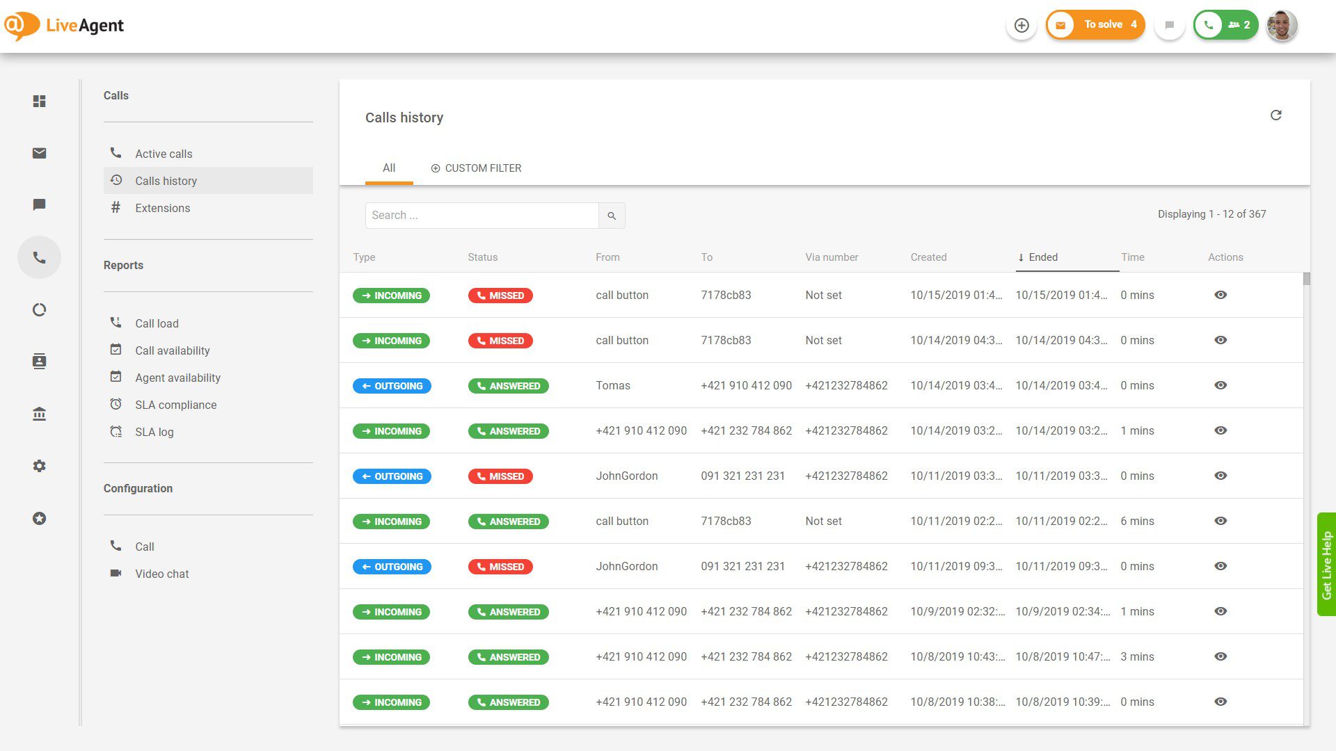 Aperçu de l'interface du centre d'appels dans LiveAgent.