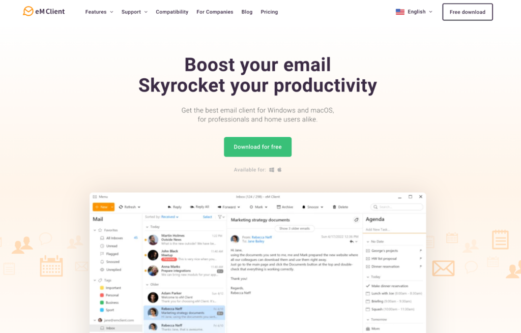 Page d'accueil d'eM Client