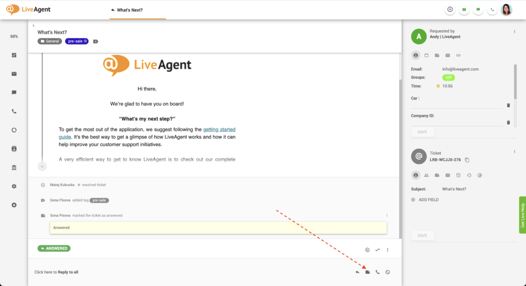 Bouton Ajouter une note dans LiveAgent