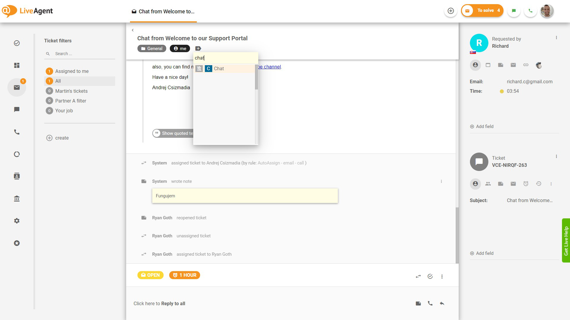 Ajout d'un tag à un ticket dans LiveAgent