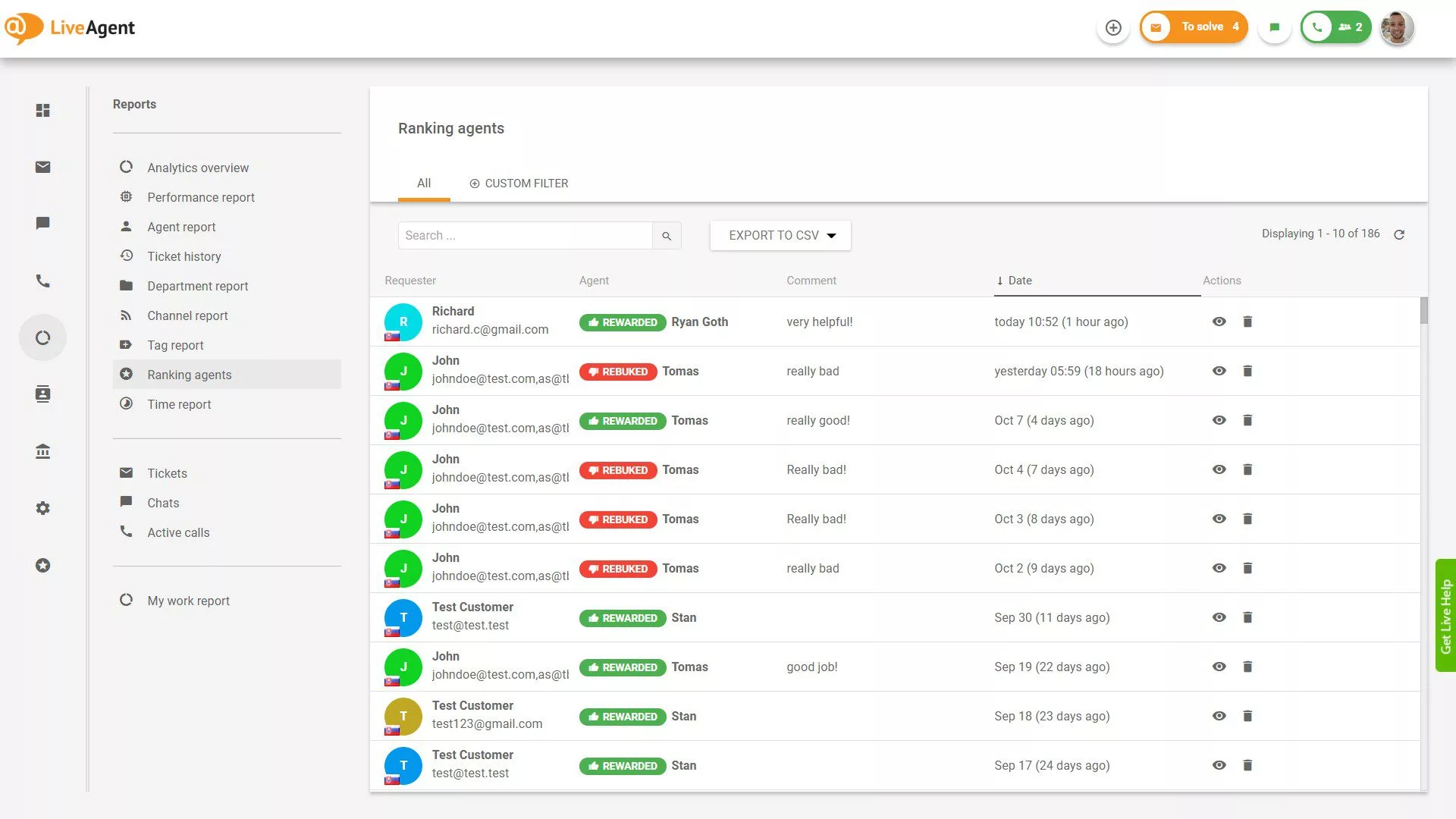 Aperçu du classement des agents dans les rapports