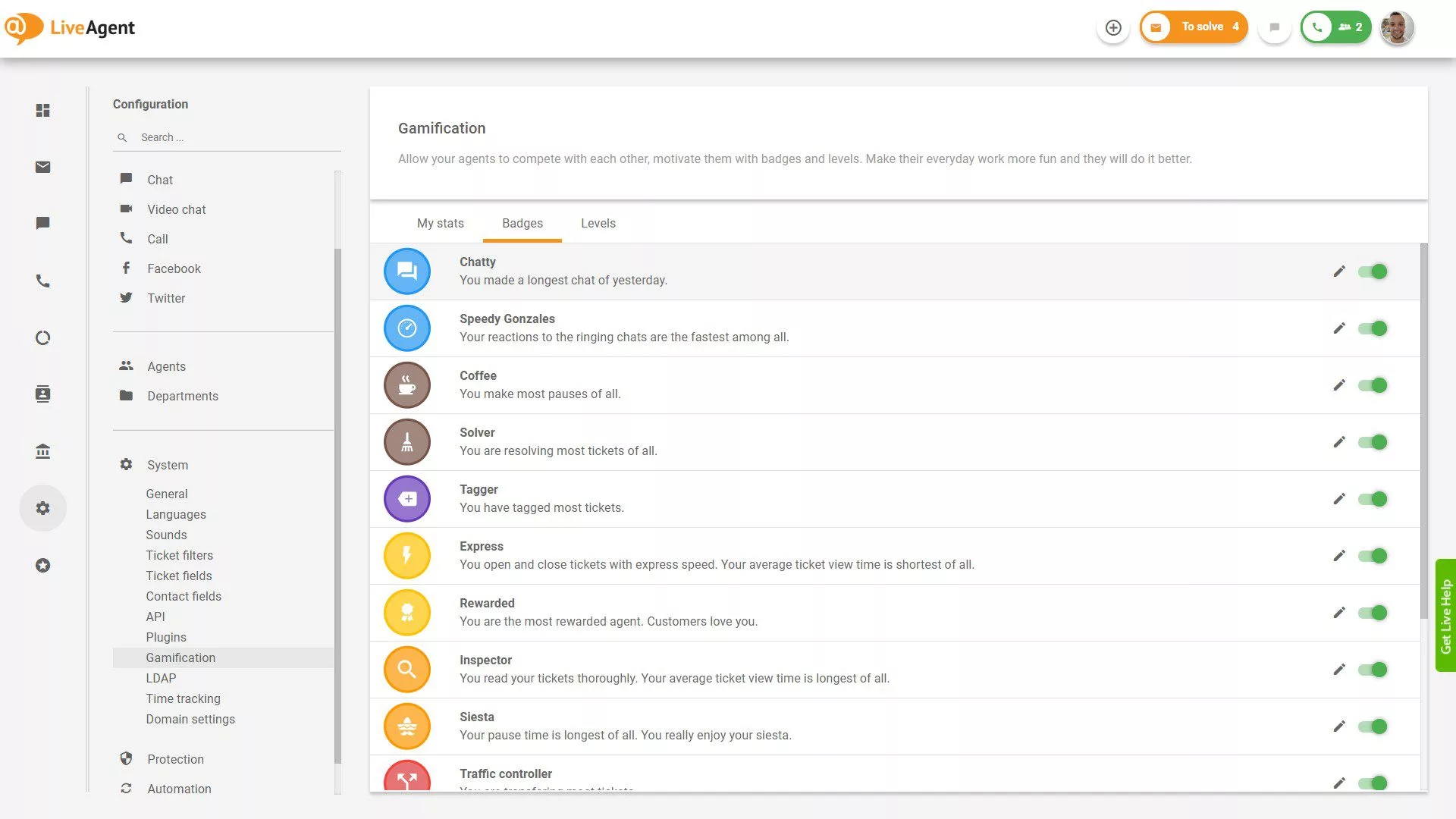Liste des badges disponibles dans LiveAgent