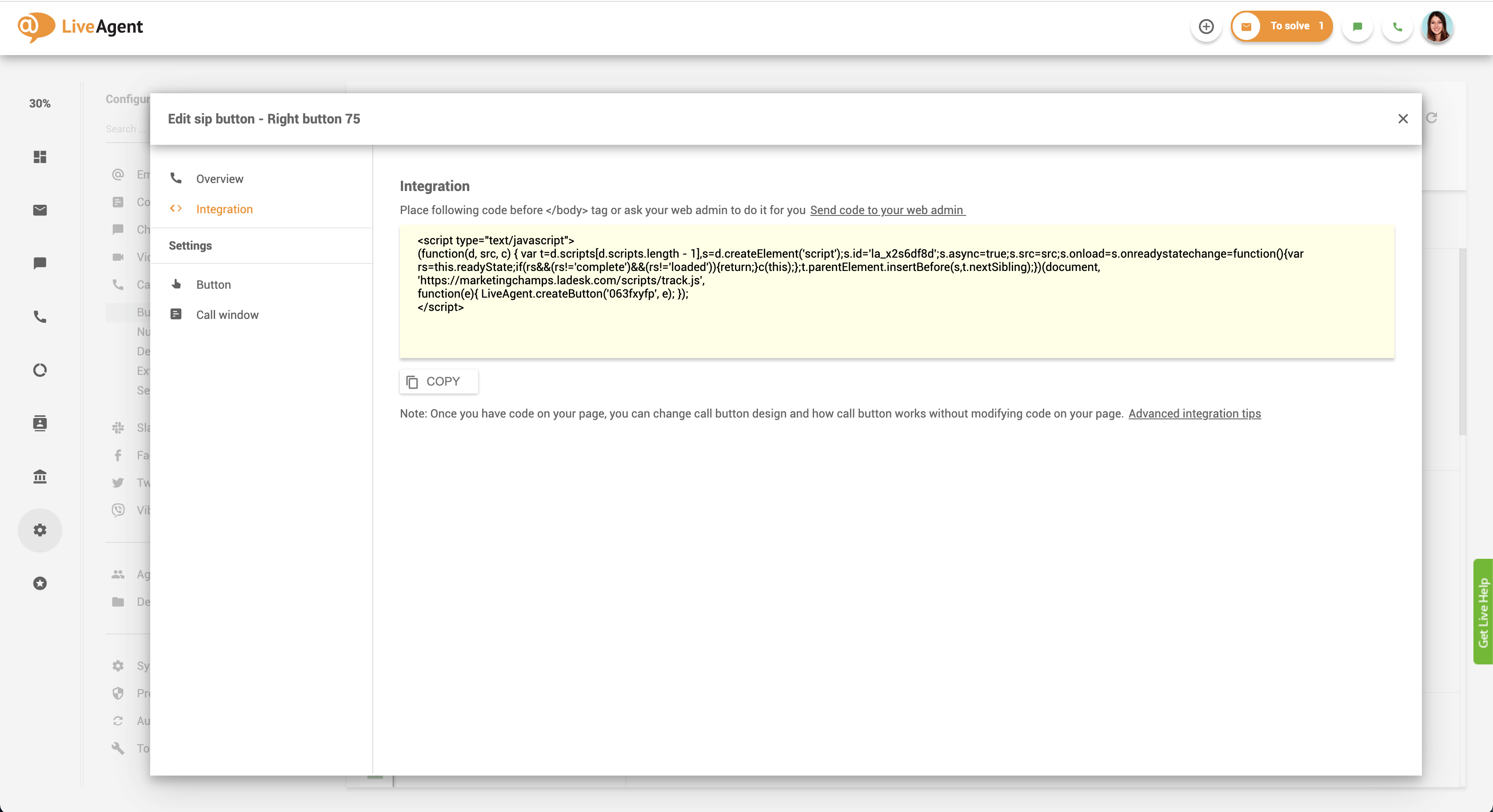 Code d'intégration du bouton d'appel