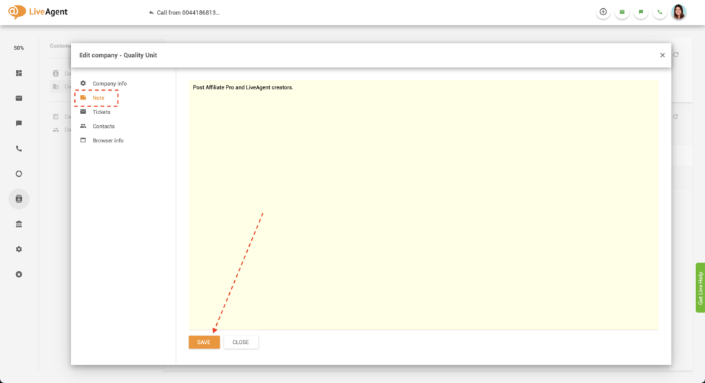 Note d'entreprise dans LiveAgent