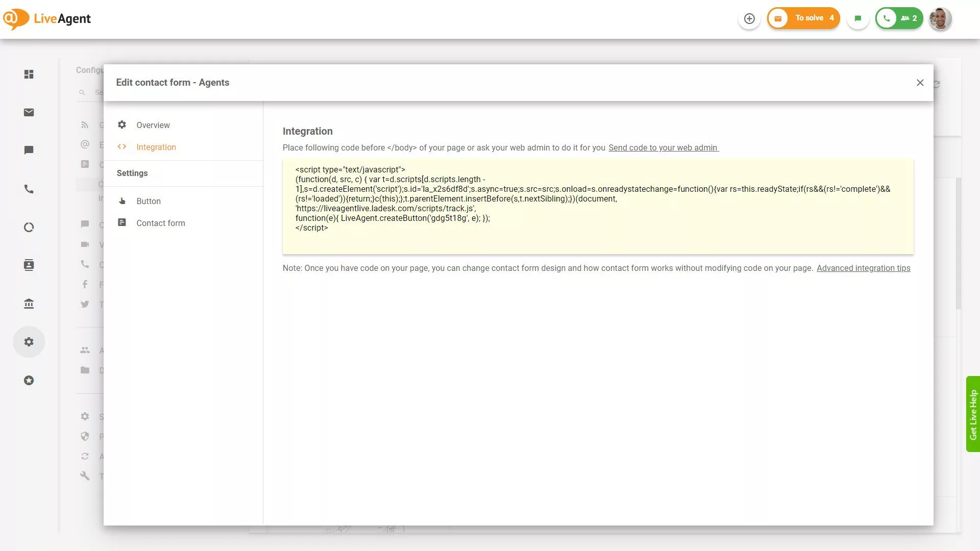 Code d'intégration du formulaire de contact LiveAgent