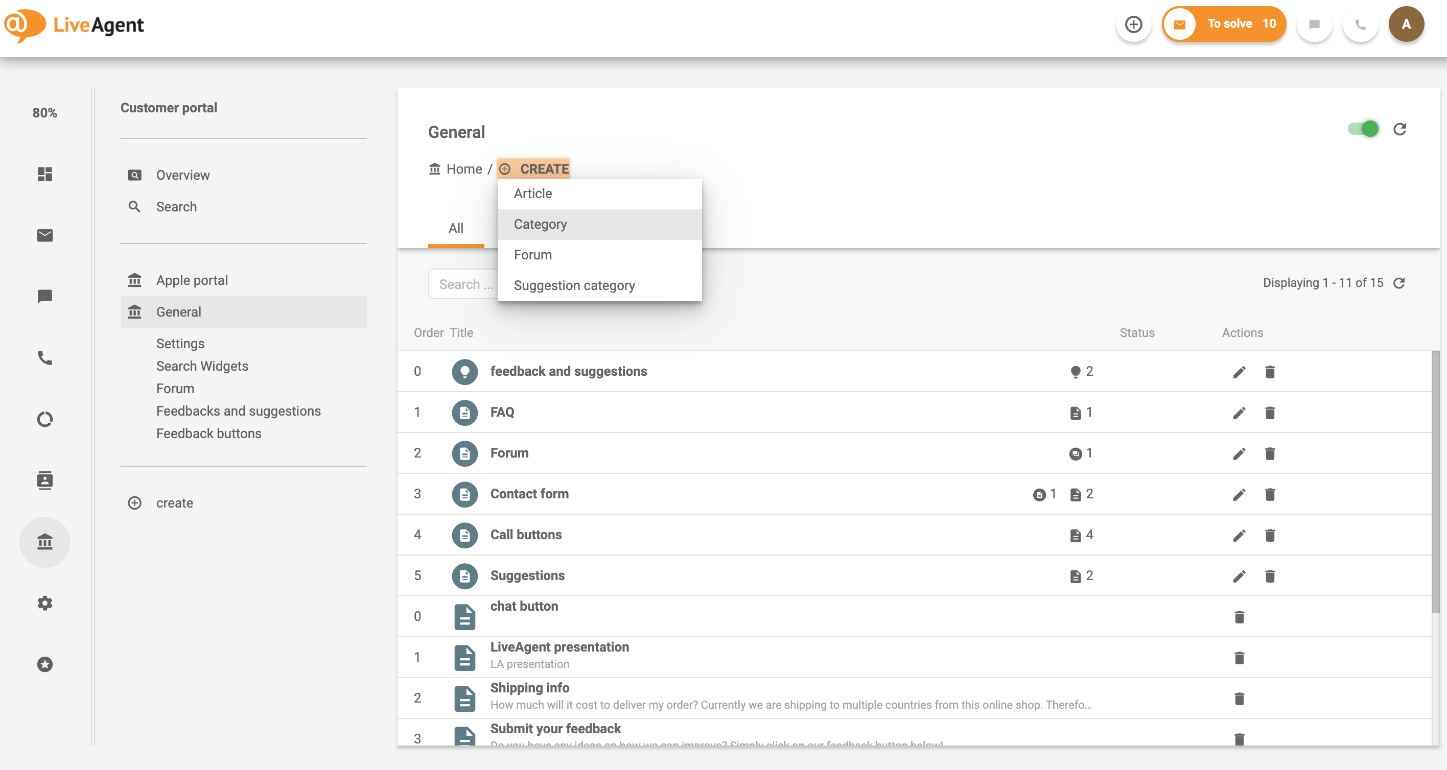 Exemple de création d'une catégorie pour le portail client dans le système de base de connaissances LiveAgent