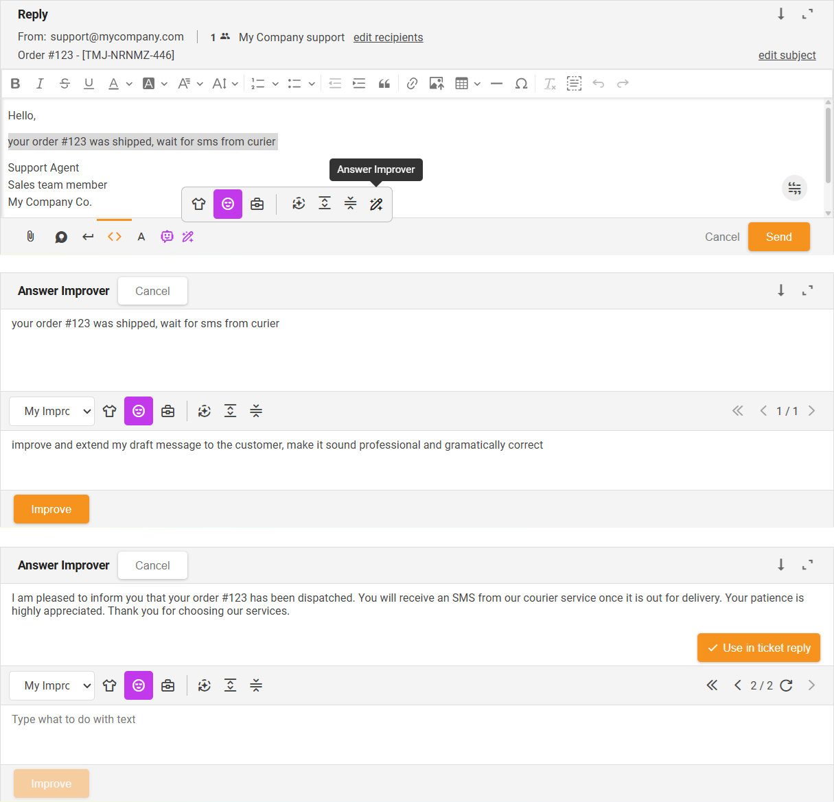 Fonction Améliorateur de réponses (instructions personnalisées) affinage d'un message