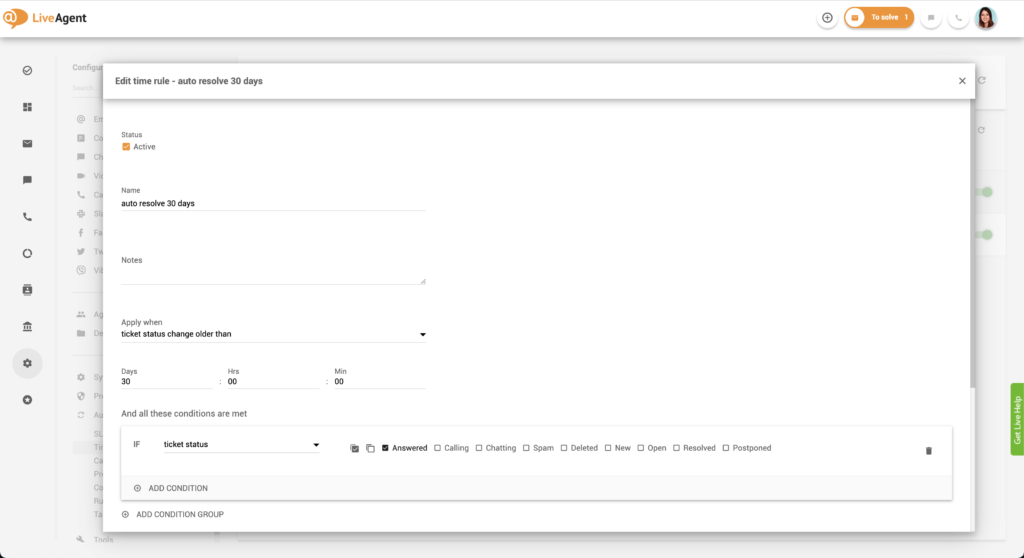 Modifier une règle de temps dans LiveAgent