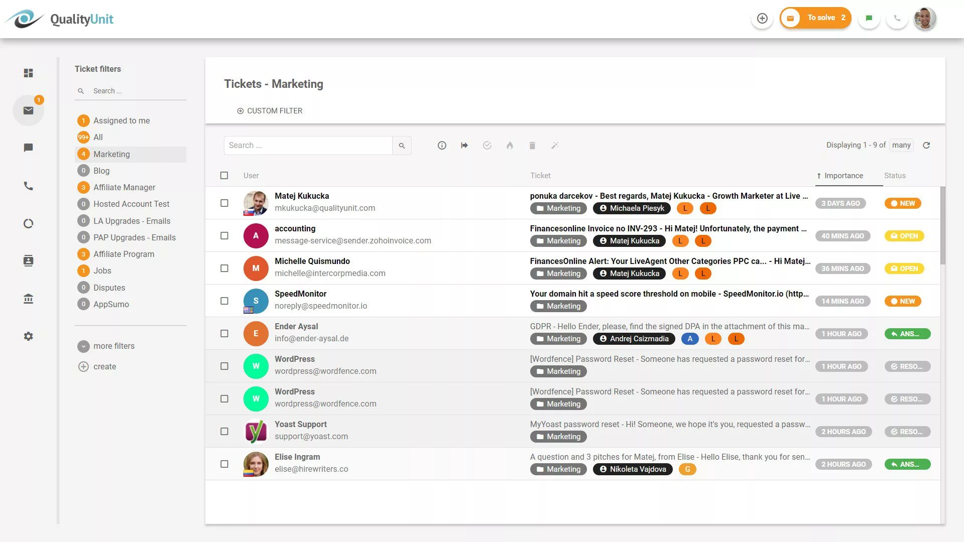 Tableau de bord de ticketing LiveAgent