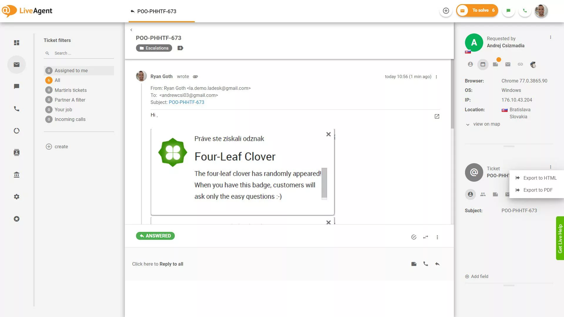 La fonctionnalité d'exportation de tickets, permettant les exportations aux formats HTML et PDF