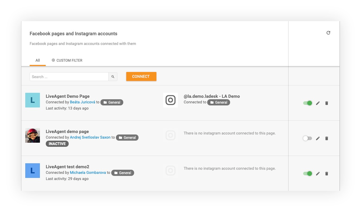 Facebook et Instagram connectés dans LiveAgent