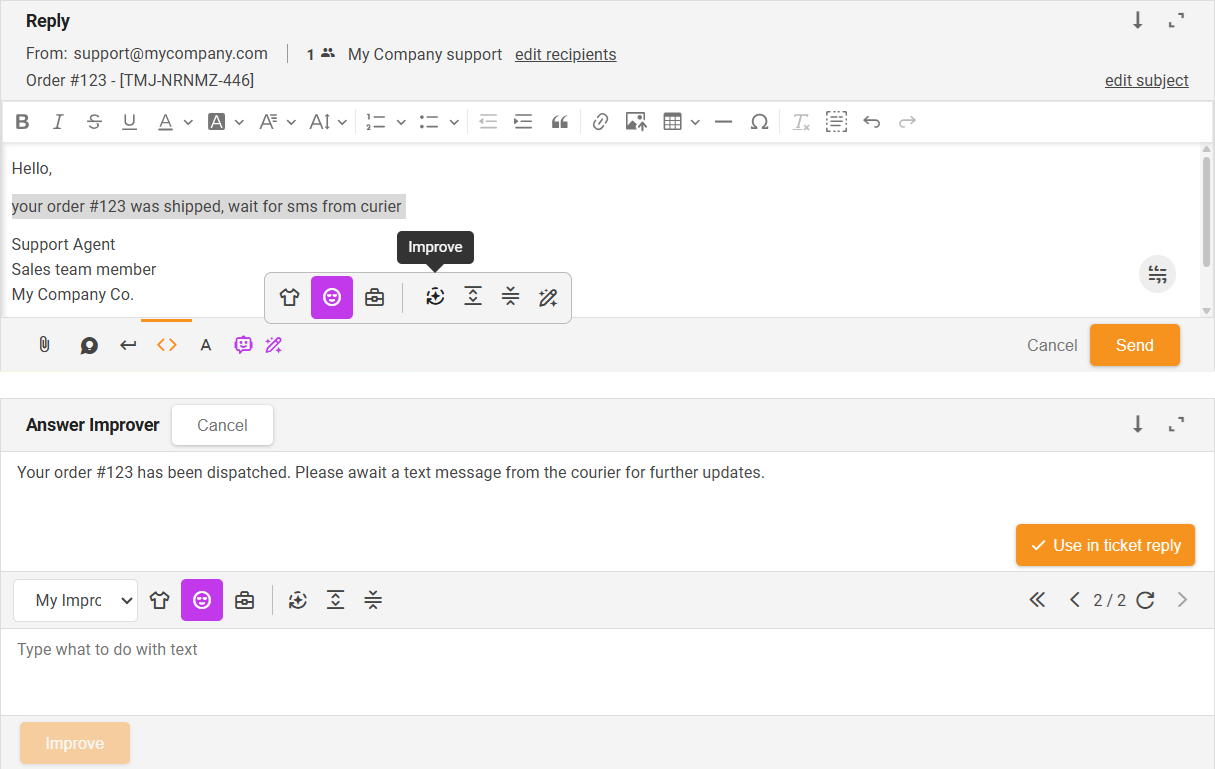Fonction Améliorer Améliorateur de réponses IA - aperçu de l'interface