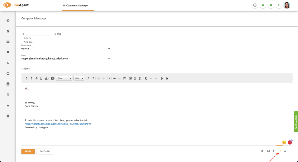 Bouton éditeur HTML dans LiveAgent