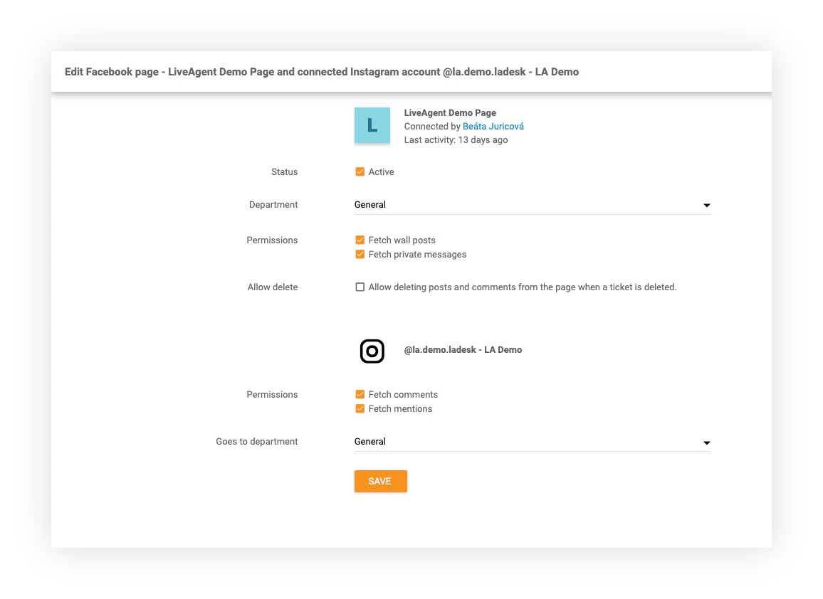 Fonctionnalité Instagram dans LiveAgent