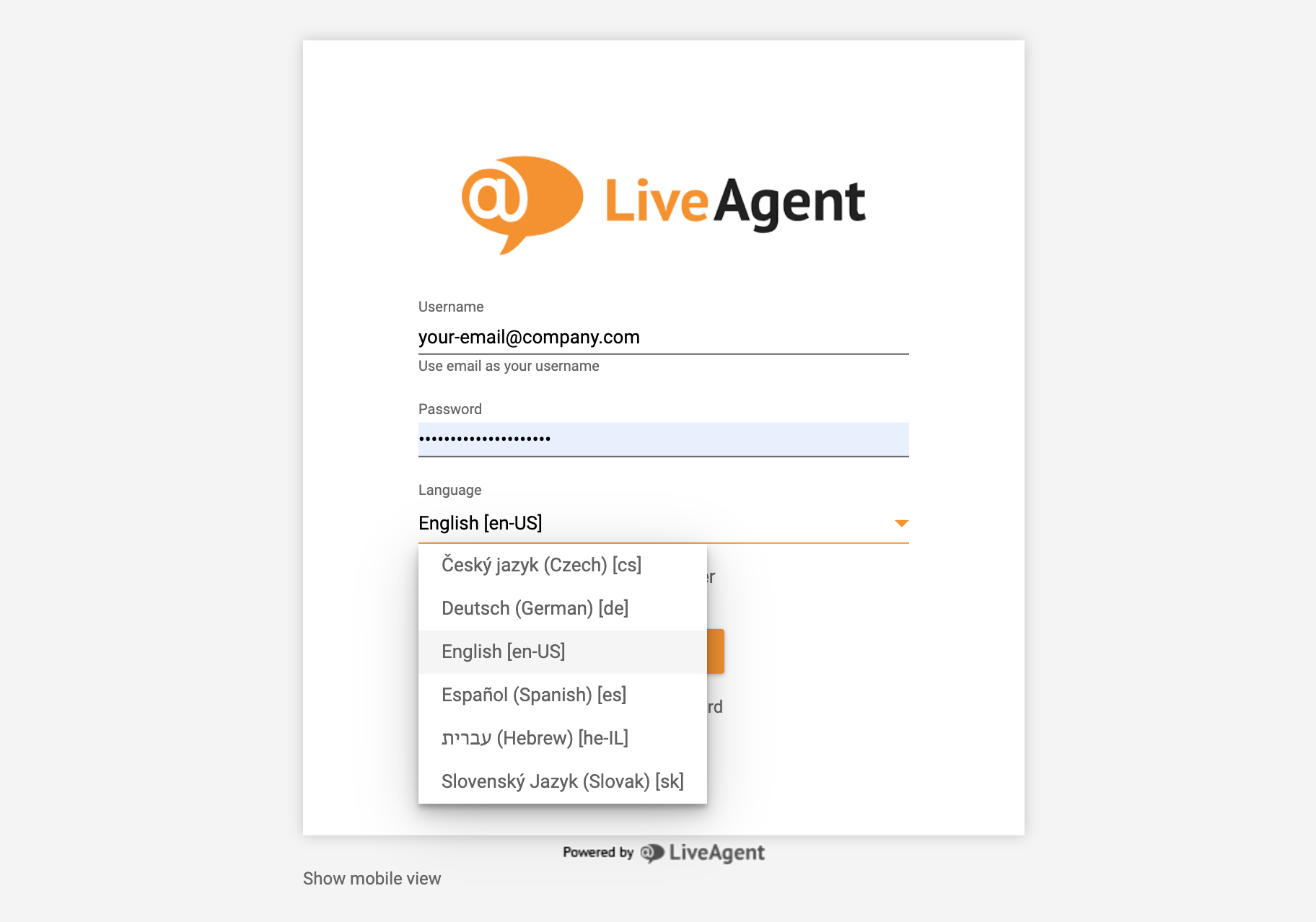 Connexion LiveAgent - choix de la langue