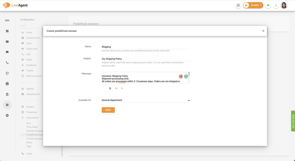 Paramétrage des réponses prédéfinies dans LiveAgent