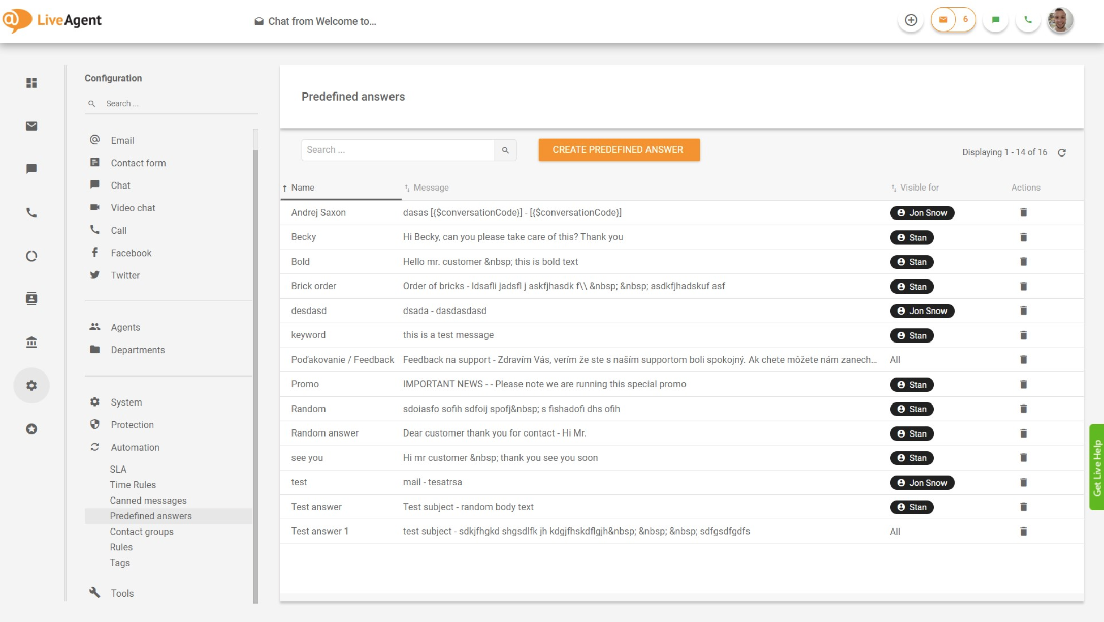 LiveAgent – Vue d'ensemble des réponses prédéfinies