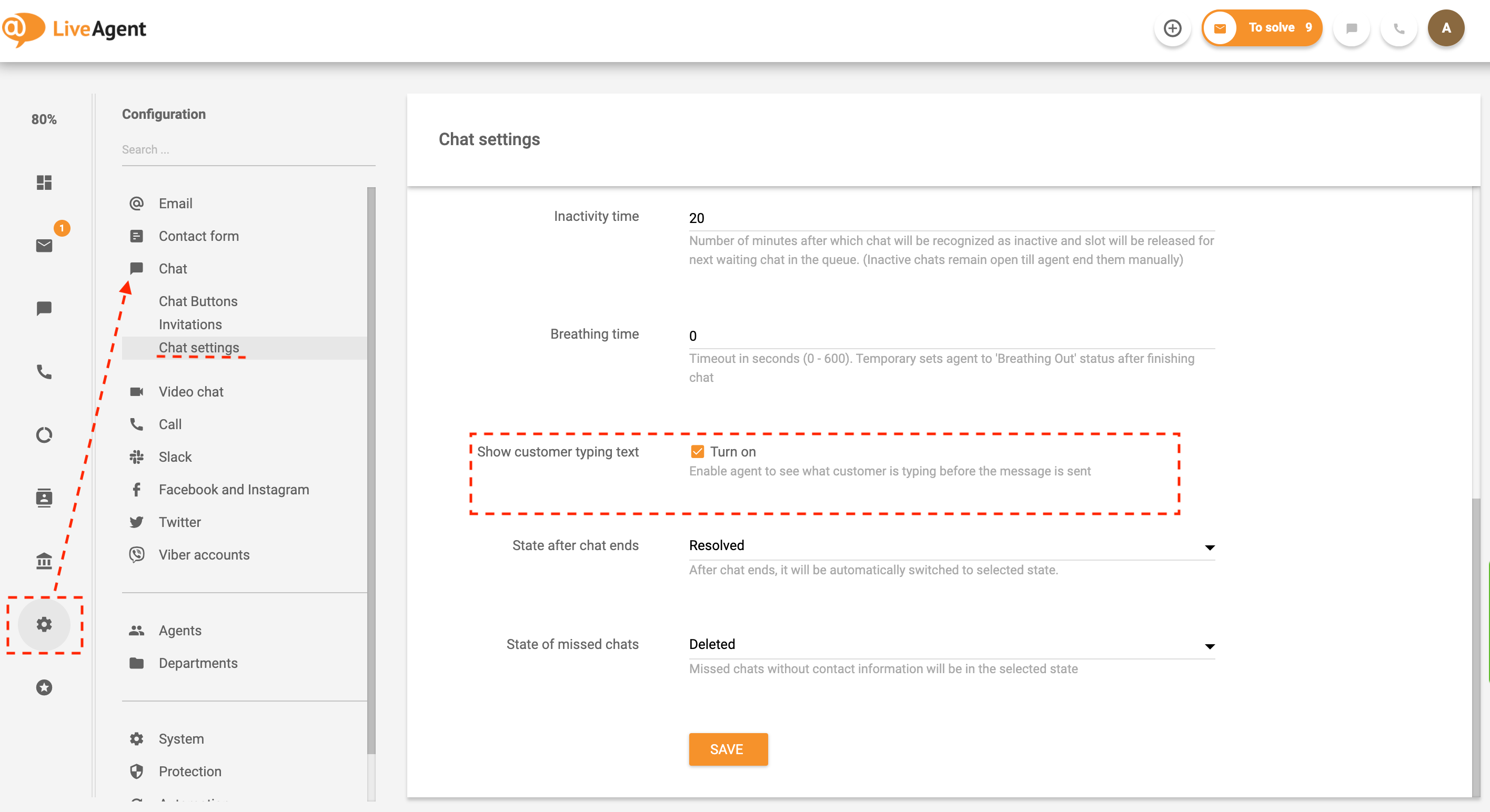 Paramètres de l'aperçu de la saisie en temps réel dans LiveAgent