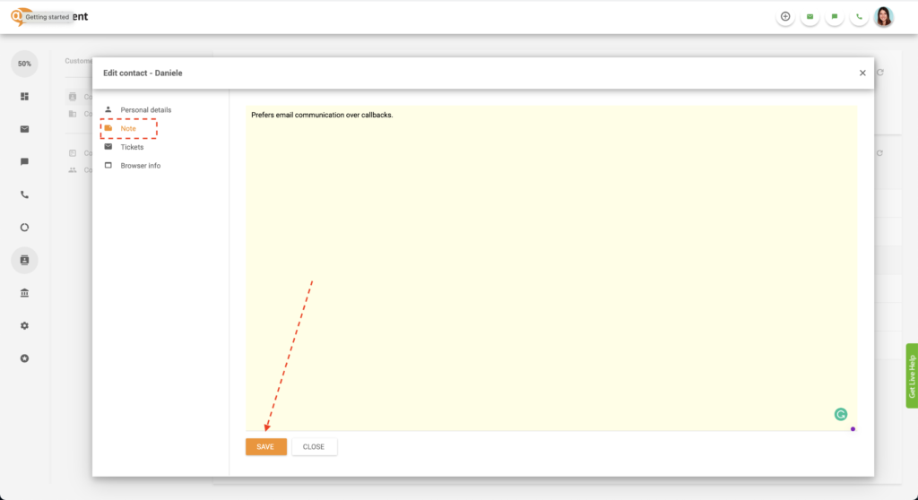 Enregistrer la note de contact dans LiveAgent