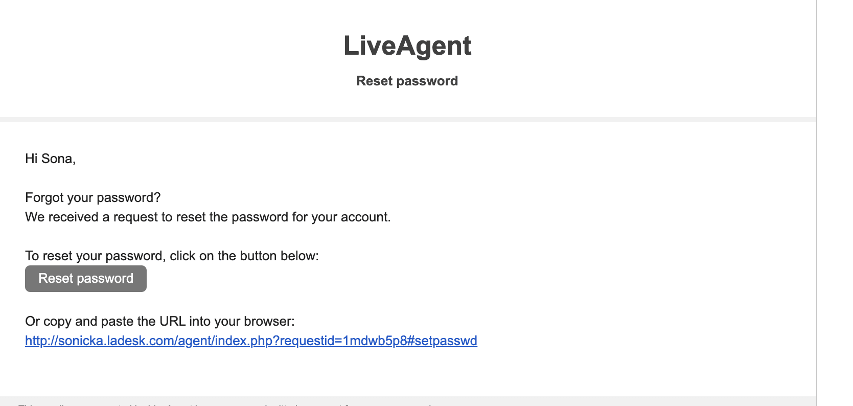 Email de réinitialisation de mot de passe LiveAgent