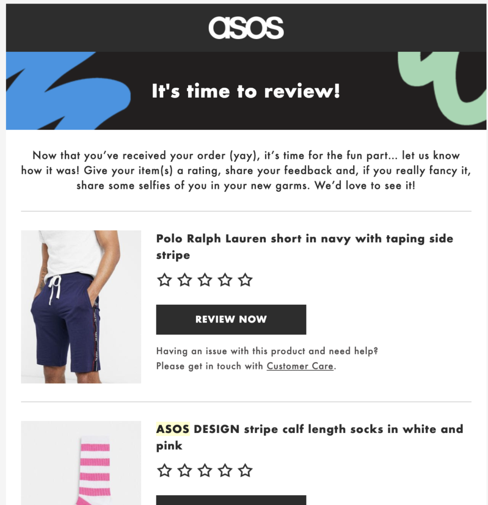 Modèle d'email post-achat Asos