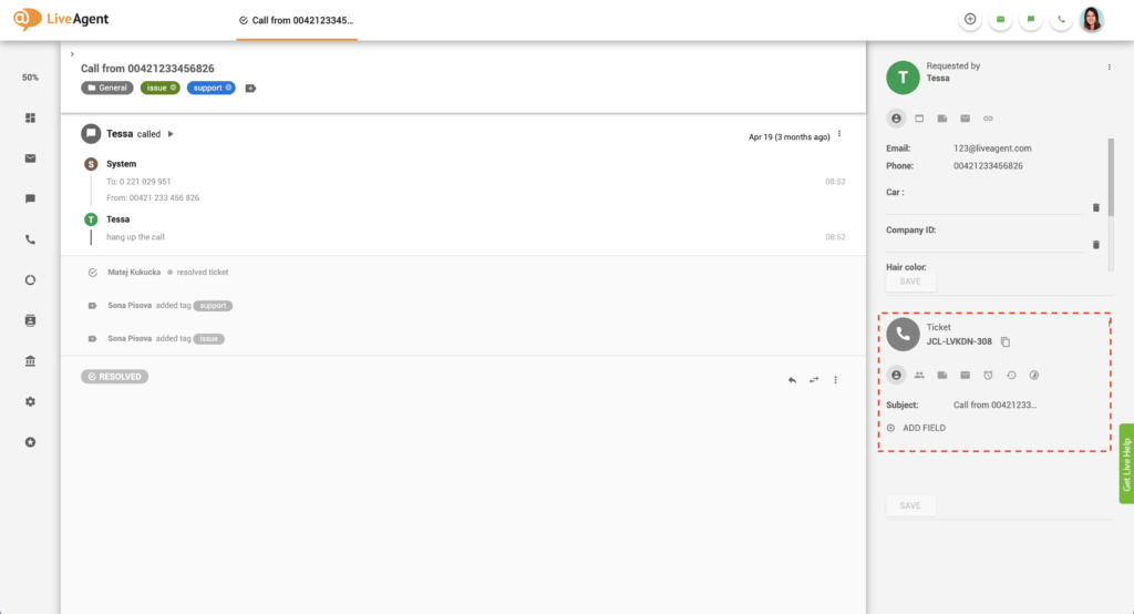 Panneau d'informations du ticket dans LiveAgent