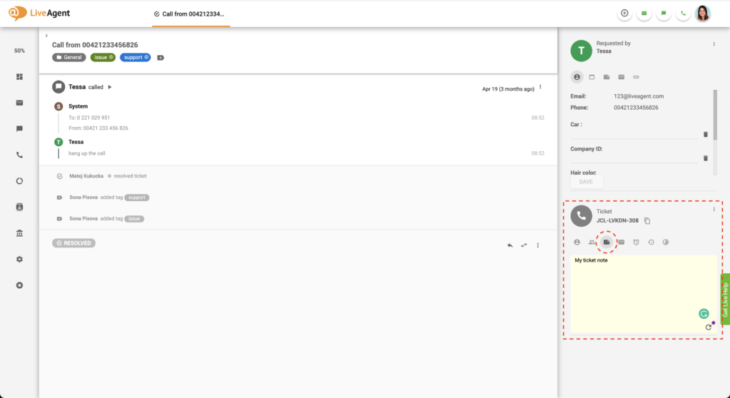Champ de note de help desk du ticket