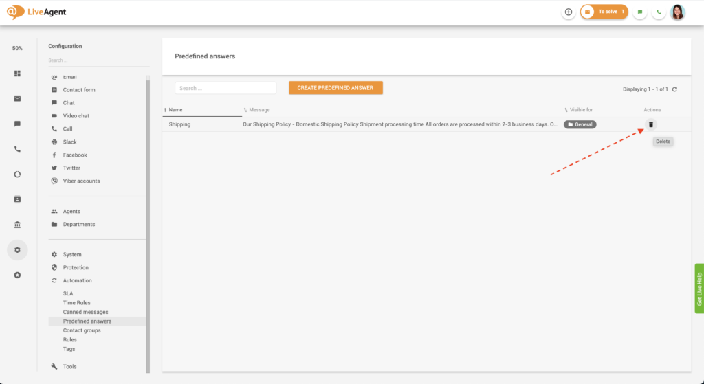 Suppression d'une réponse prédéfinie dans LiveAgent