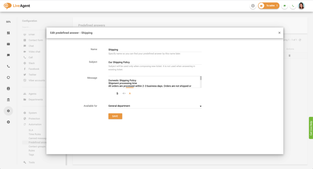 Modification des réponses prédéfinies dans LiveAgent