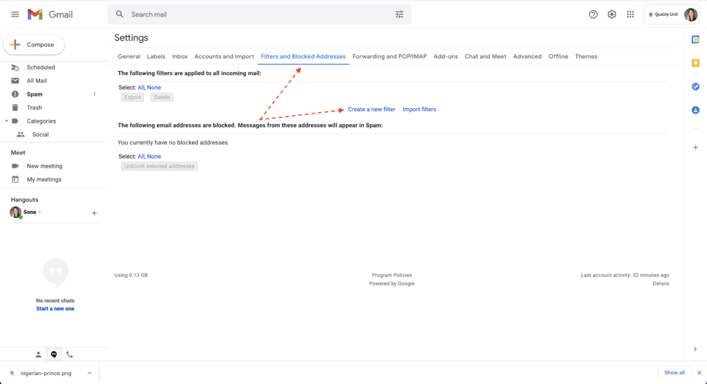 Exemple de filtrage SPAM Gmail 1
