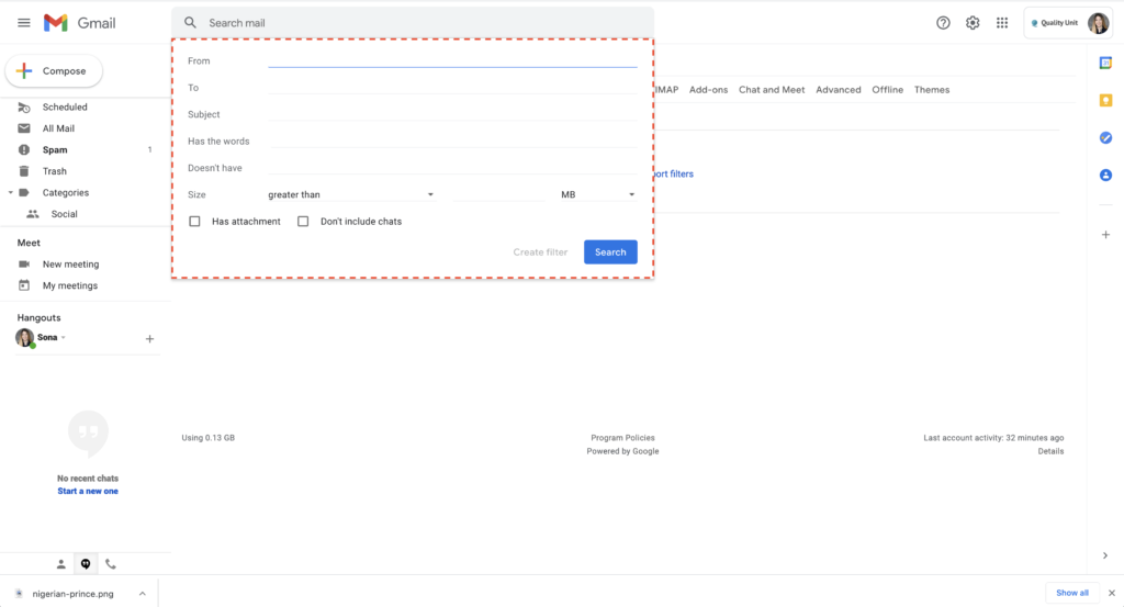 Exemple de filtrage SPAM Gmail 2