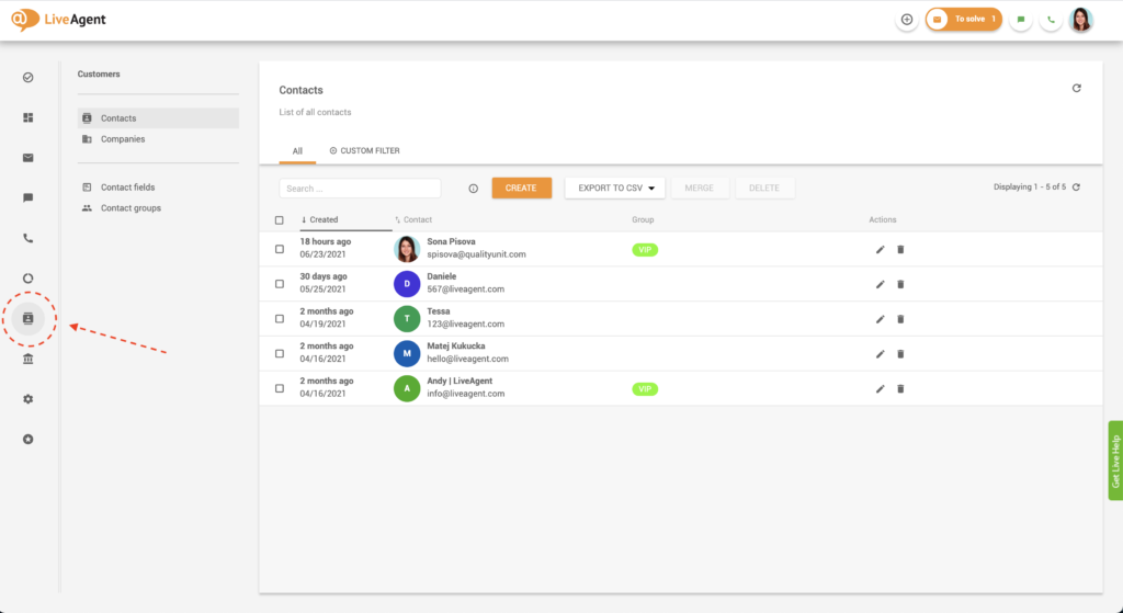 Trouver les contacts dans LiveAgent