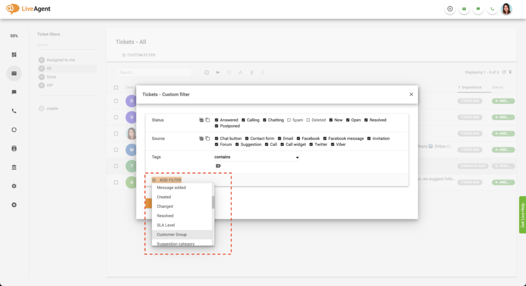 Ajouter un filtre client LiveAgent