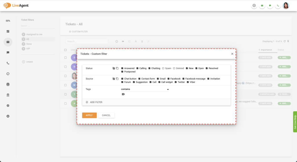 Choix du filtre LiveAgent