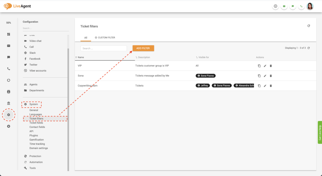Créer un filtre global LiveAgent