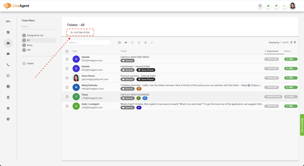 Filtre personnalisé LiveAgent