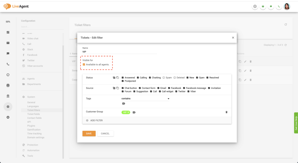 Modifier le filtre global LiveAgent