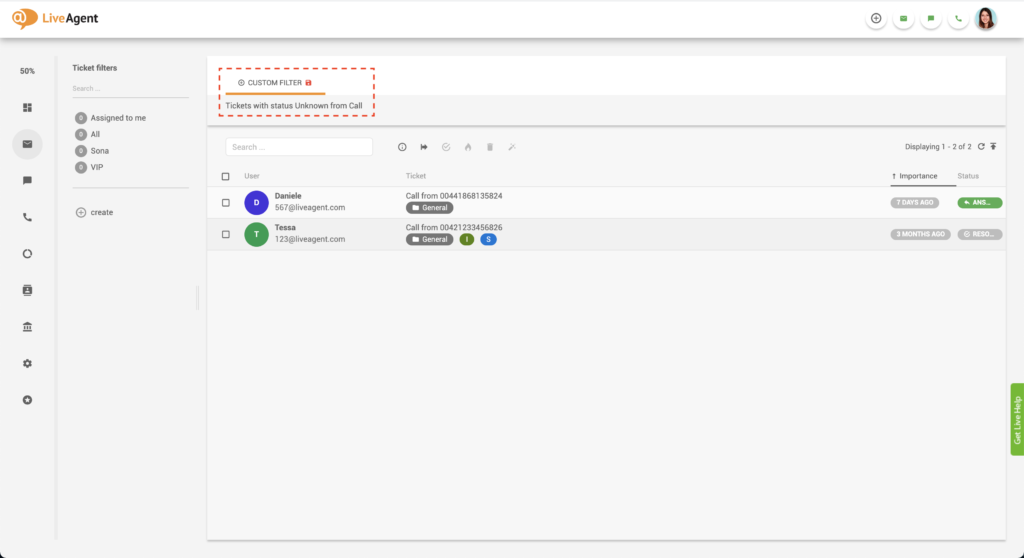 Tickets filtrés LiveAgent