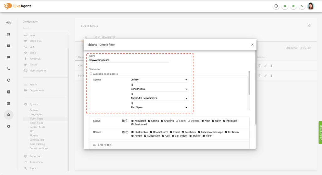 Filtre global LiveAgent