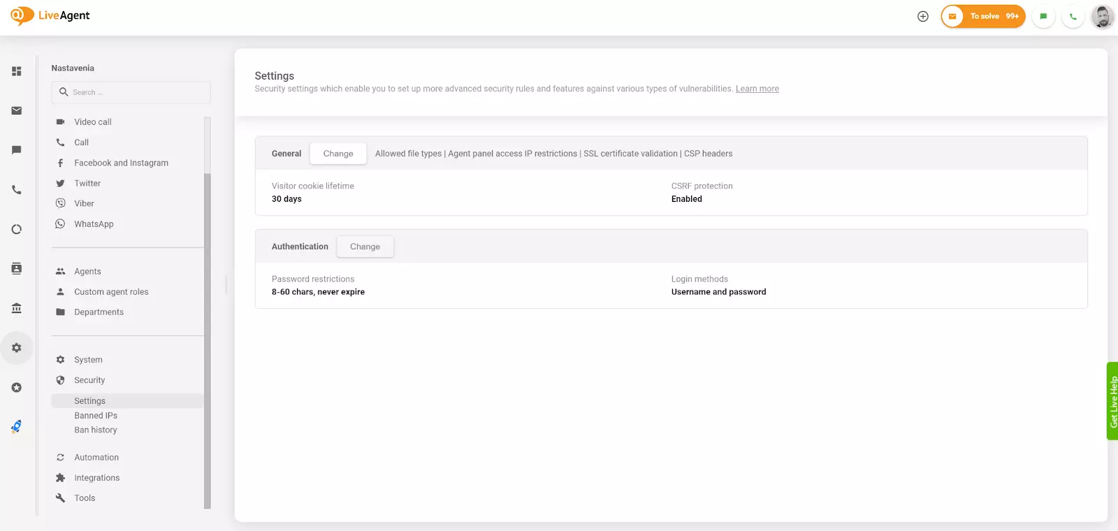 Modifier le paramètre d'authentification dans LiveAgent