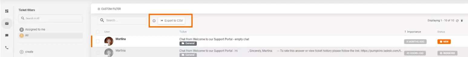 L'exportation CSV dans le système de ticketing de LiveAgent