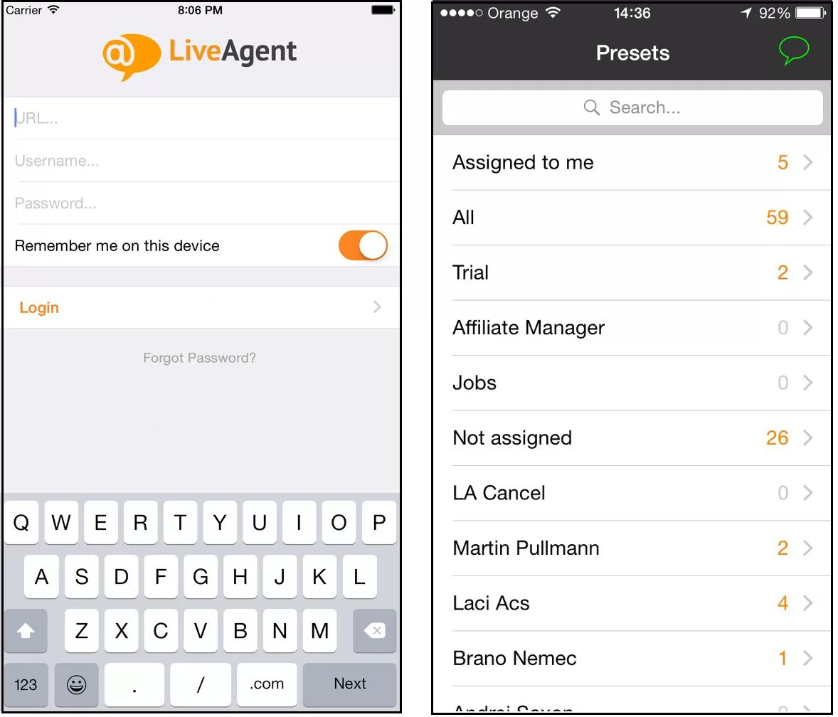 Interface de l'application iOS LiveAgent