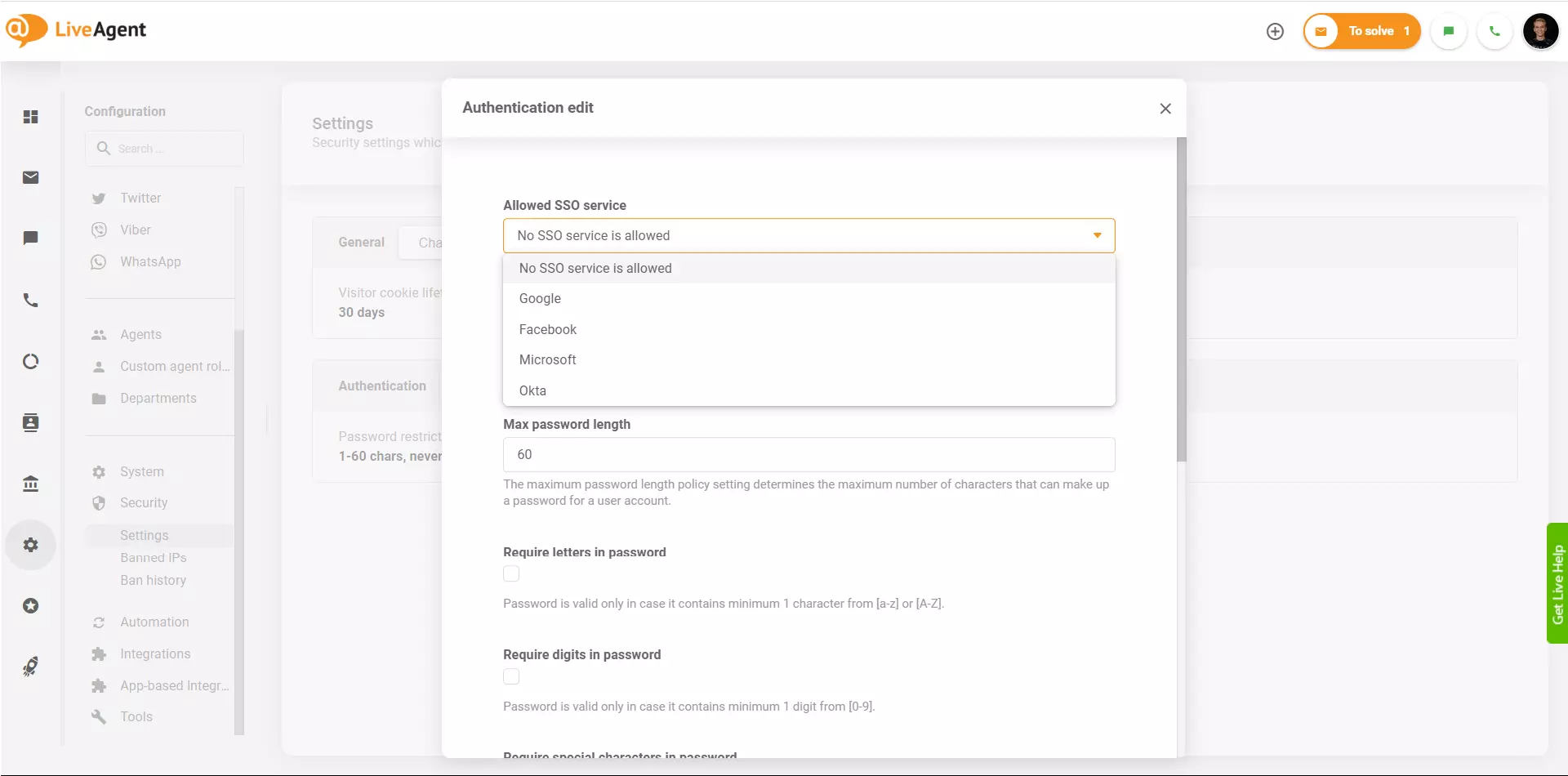 Fournisseurs SSO LiveAgent
