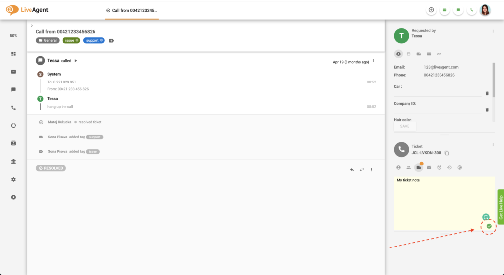 Notes de ticket LiveAgent