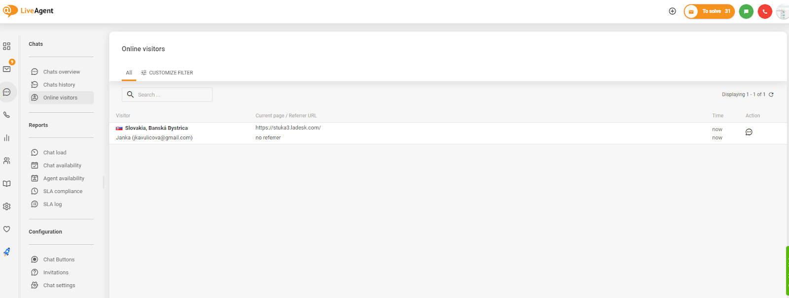 Capture d'écran du suivi des visiteurs du site Web dans LiveAgent