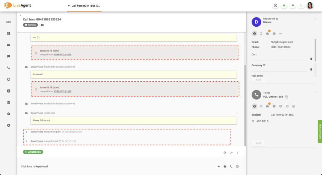 Message système de ticket fusionné