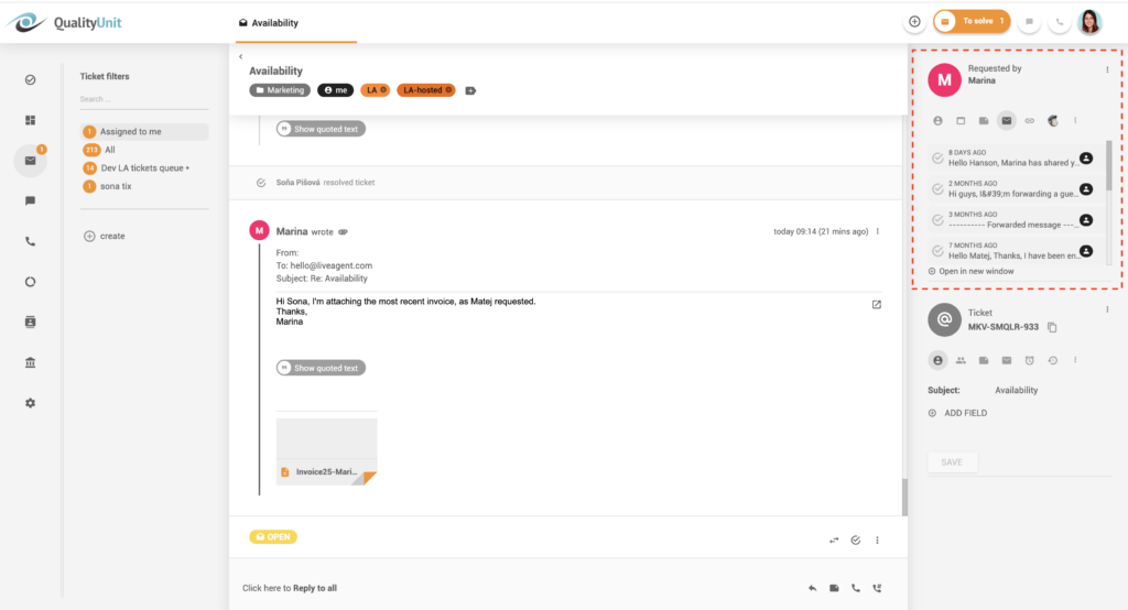 Historique de communication dans les fils - LiveAgent