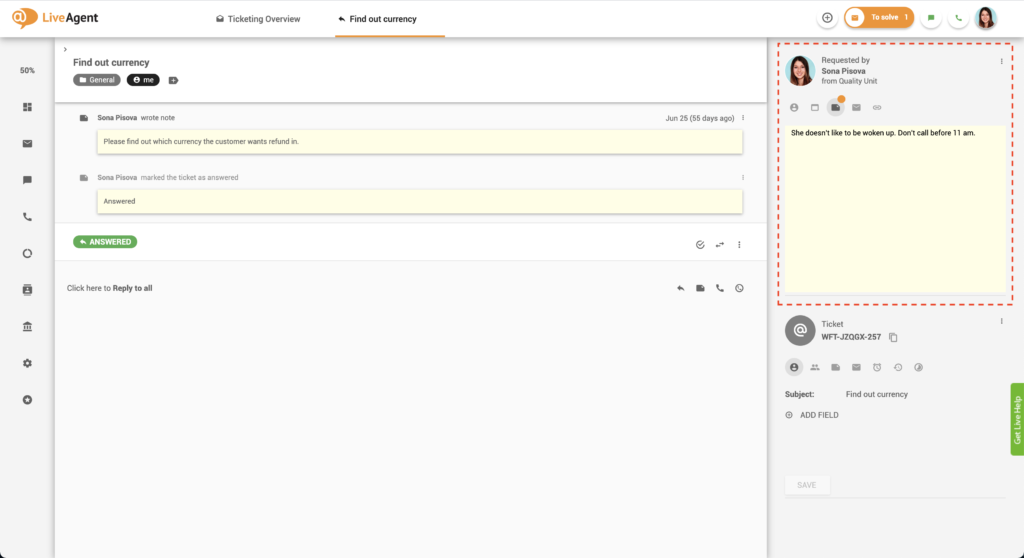 Notes dans les tickets - LiveAgent